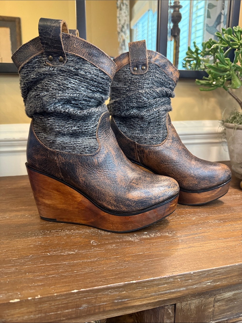 BED/STU Bruges Teak Rustic Platform Leather Boots
